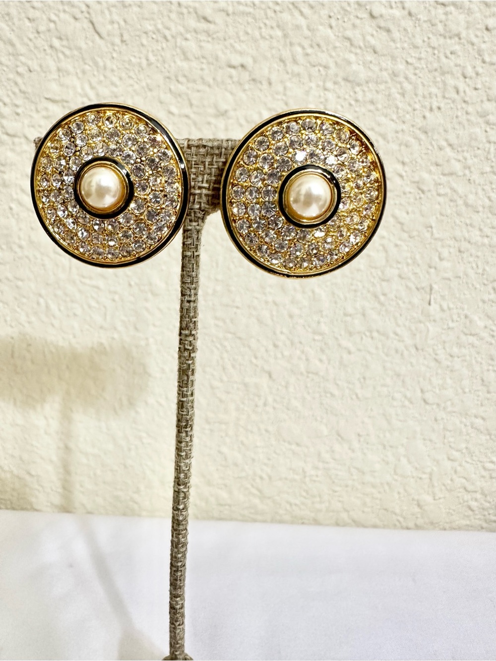 Vintage Gold Plated Crystal Pearl Round Stud Earrings - Clips